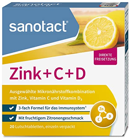 sanotact Zink + C + D (20 Lutschtabletten) • Zink Tabletten mit Vitamin C & Vitamin D3 • 3-fach Formel für Immunsystem • Immun Vitamine • Zink Lutschtabletten • Fruchtiger Zitronengeschmack