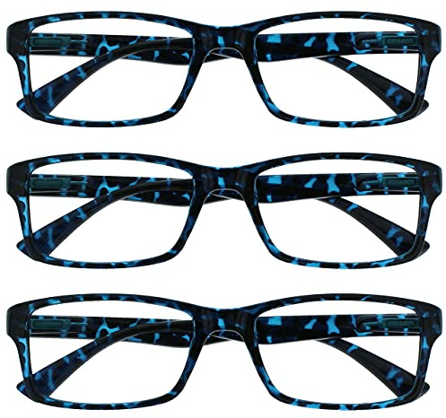 OPULIZE PEP Lesebrille für Damen und Herren - 3er Pack - Große Rechteckige Brille - Komfortable Federscharniere - Kratzfest - Blau Schildpatt - UVR +2.50