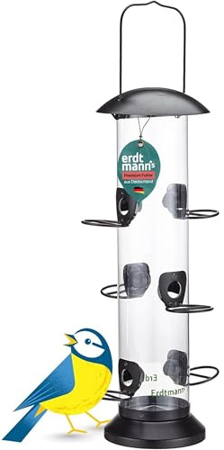 Erdtmanns Futtersäule Big Tower für Wildvögel – Großes Vogelfuttersilo für Garten & Balkon – Wiederverwendbare Futtersäule mit Sichtfenster – Für Meisen, Finken, Sperlinge & mehr