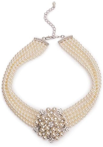 Lovett & Co - Elegant Audrey Hepburn gräddfärgat pärlhalsband - 5-radig glaspärla och diamanthalsband | nickelfria & vintagesmycken för kvinnor