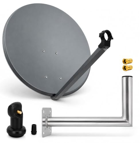 PremiumX Satelliten-Komplettanlage 80cm Satellitenantenne Anthrazit Satellitenschüssel SAT Single LNB 2X F-Stecker Wandhalter 45cm