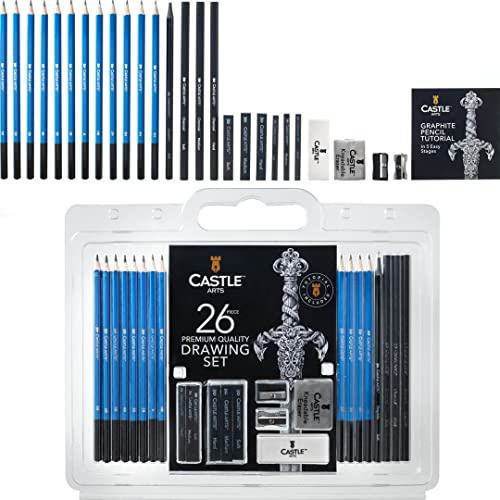 Castle Art Supplies 26-teiliges Zeichen- und Skizzierset für Künstler | Zeichenstifte, Kohle, Graphit und mehr für Künstler, Profis und Anfänger - im Etui zum Mitnehmen, hochwertig