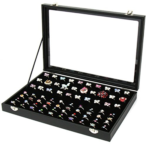 H&S Schmuckaufbewahrung & Ringhalter Schmuckkasten - Schmuck Organizer mit Deckel und Samtauskleidung in schwarz - Schmuckschatulle groß - Ring Ohrring Aufbewahrung