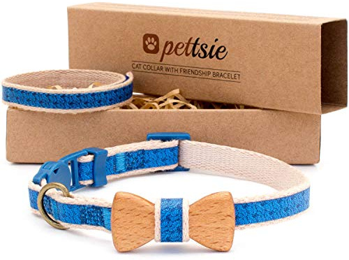 Pettsie Katzenhalsband mit Fliege und Sicherheitsverschluss | Verstellbar 20,3-28cm, Baumwolle, Sicherheitsverschluss, Mit Freundschaftsarmband, Geschenkset für Katzenfreunde, Blau