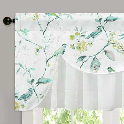 VOGOL Grüne Vögel Volant für Fenster, Moderne Druck Vorhang Topper für Schlafzimmer, Doppelte Schichten Halb Schiere Fenster Volant für Wohnzimmer, Stangentaschen, 132x49 cm