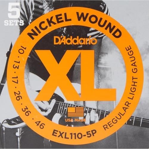 D'Addario Gitarrsträngar - XL Nickel elgitarrsträngar - EXL110-5P - perfekt intonation, jämn känsla, pålitlig hållbarhet - för 6-strängade gitarrer - 10-46 Regular Light, 5-Packning