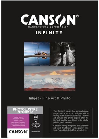 CANSON Infinity Photo Lustre Premium RC 310 gsm A4 fotopapper, 25 extra vita blad, perfekt för professionella fotografer