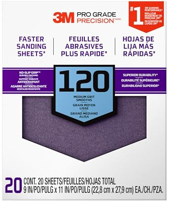 3M Pro Grade No-Slip Grip Advanced Sandpaper, 120 Grit, 9 x 11 Sheets – 20-Pack for Wood, Metal, and Paint Surfaces