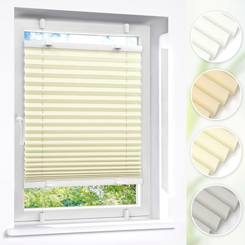 Victoria M. Easyfix Plissee Faltrollo ohne Bohren Plisseeanlage Klemmfix mit Klemmträger für Fenster und Türen, Größe: 80 x 120 cm, Farbe: Creme