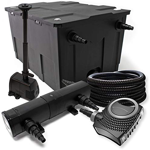 Wiltec Komplettset: CBF-550 Teichfilter bis 60000 L Teichfilteranlage, NEO10000 Teichpumpe 10000l/h 80W, CUV-224 Teichklärer 24W, 25m Teichschlauch 25 mm, HJ-943 Springbrunnen 800l/h 16W