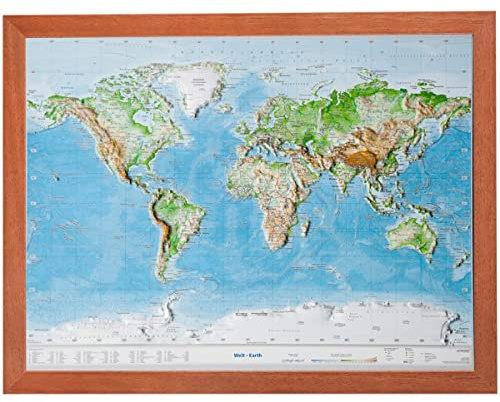 Relief Welt klein mit Rahmen (1:107.000.000): Relief Welt klein mit Holzrahmen (1:107.000.000): Tiefgezogenes Kunststoffrelief