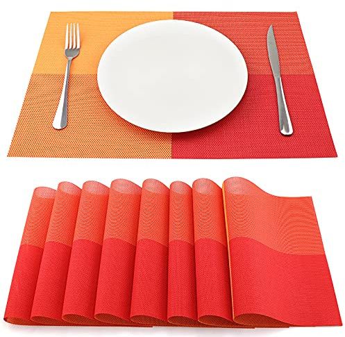 SueH Design Abwaschbar Tischsets 8er Set, Gewebte Platzsets 45x30cm, Rot | Waschbar Platz-Matten Vinyl Platzdeckchen, Rutschfest Abgrifffeste Hitzebeständig Antifouling, für küche Speisetisch Hotel