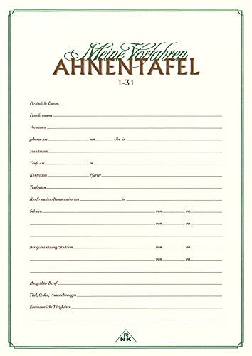 RNKVERLAG 2800 - Ahnentafel Meine Vorfahren für 5 Generationen, DIN A3 gefalzt auf DIN A4, Feinstpapier 120g/m², cremefarbend, 1 Stück
