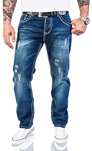 Rock Creek Herren Designer Jeans Hose Dicke Nähte Vintage Herrenjeans Stonewashed Regular Fit Used Look RC-2056 Blau W34 L34