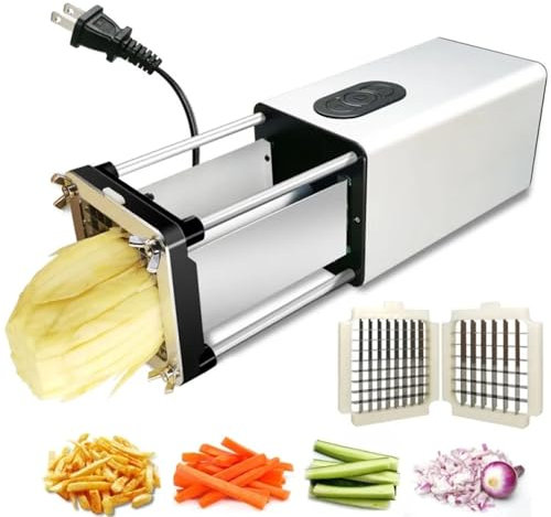 Cortador eléctrico de patatas fritas, cortador de verduras con hoja de 1/2 y 3/8 pulgadas, cortador automático de patatas de acero inoxidable, cortador de patatas comercial y doméstico para patatas