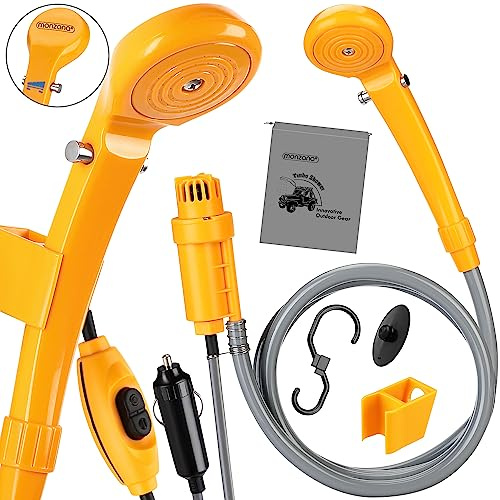 monzana® Campingdusche 12V KFZ-Adapter Aufbewahrungstasche 2m Schlauch 5m Stromkabel Handbrause Hundedusche Gartendusche Dusche Tauchpumpe gelb