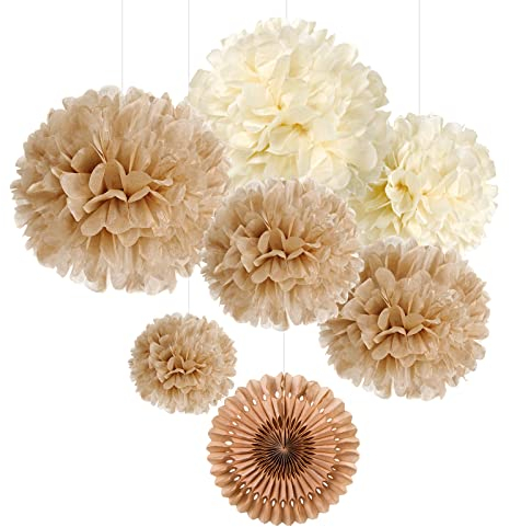 SUNBEAUTY Pompom Papier de Soie 7pcs Decoration Salle de Mariage Boho, Brun, Deco Mariage Champetre Éventail en Papier Suspension pour Anniversaire Chambre Maison Deco