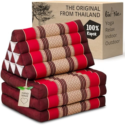 livasia Thai cushion with 3 seat rests - 69x20x3.1″ - Triangle cushion with folding mattress, Wedge cushion, kapok, Back support cushion, folding, Thai mat, folding, Hand made (Ruby)