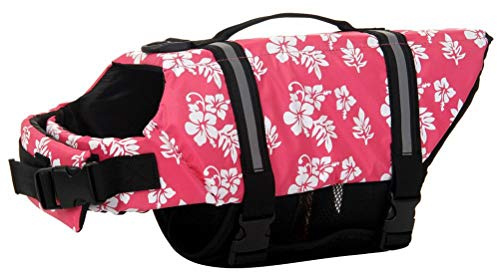 ChezAbbey Hundeschwimmweste, verstellbar, mit Griff, reflektierend, für Schwimmen und Bootfahren, rosa Blume, XXS