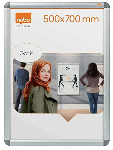 Nobo Premium Plus Plakatrahmen mit Klapprahmen, 500 x 700 mm, Wandbefestigung durch Eckmontage, Aluminiumrahmen, Entspiegelte Kunststoff-Abdeckung, Silber, 1902210