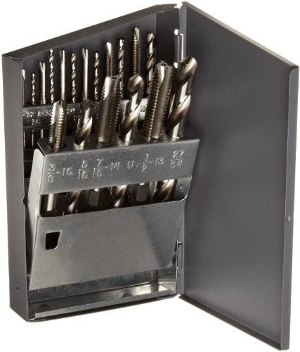 Chicago Latrobe 52581 GT18 High-Speed Steel Jobber Length Drill Bit and Spiral Point Tap Set with Metal Case, Uncoated (Bright) Finish, 18-piece, Wire Size, Letter, Inch, #6-32 to 1/2-13 Tap Sizes