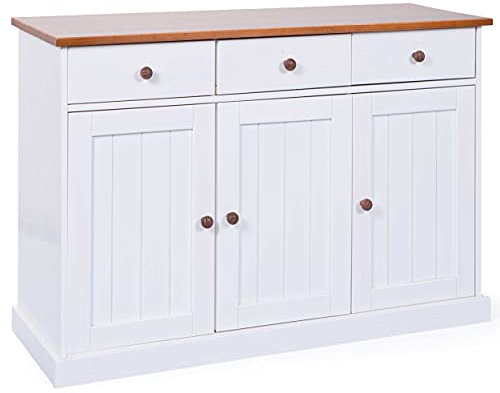 Inter Link – Kommode – Buffet – Sideboard – Kiefer massivholz – 3 Türen – 3 Schubladen – Landhausstil – Für Esszimmer – Wohnzimmer – Eingang – Westerland 4.2 - Weiß / Sepia Braun