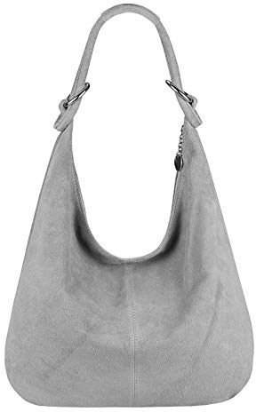 OBC Made in Italy Damen XXL Ledertasche Wildleder Shopper Tasche Schultertasche Umhängetasche Hobo-Bag Beuteltasche (Hellgrau)
