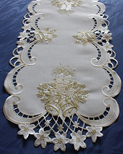 Anka Textil Weihnachts-Tischdecke Tischläufer Mitteldecke Tisch-Deckchen mit Weihnachtskerzen Motiven Stickerei Weihnachtsdeko Creme-Gold Größenwahl (40x90 cm)