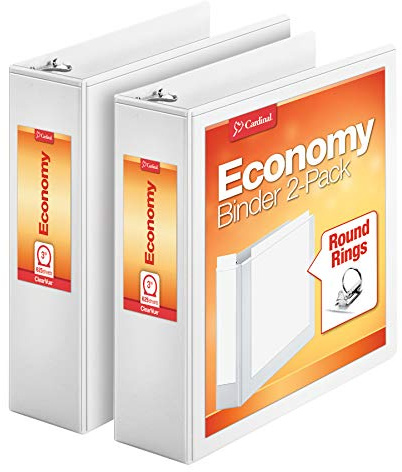 Cardinal Economy 3 Ring Binder, Binders for School and Office, Durable 3 Inch, Presentation View, White, Holds 625 Sheets, Nonstick, PVC Free, 2 Pack of Binders (79530)