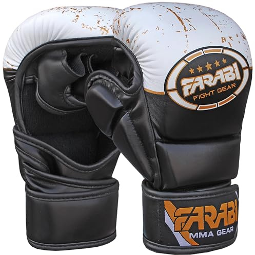 Farabi Sports Guantes MMA con Soporte de Muñeca Ajustable, Guantes Boxeo con Palma Abierta Ideales para Muay Thai, Deportes de Combate Entrenamiento Guantes MMA Hombre Mujeres (Negro/Blanco, L/XL)