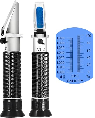 Seawater Salinity Refractometer, Automatic Temperature Compensation Seawater Salinity Hydrometer, 0-100ppt & 1.000-1.070 Salinity Specific Gravity Tester for Aquarium,Pool, Tank, Marine, Fishkeeping