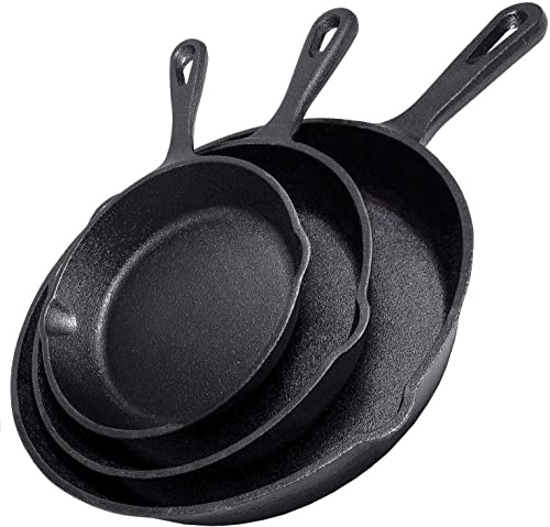 Simple Chef - Juego de 3 sartenes de hierro fundido de calidad profesional para restaurante, cocina, pizza, etc. - Negro - Estufas de 25, 20 y 15 cm