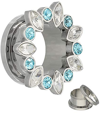Treuheld | Kristall Flesh Tunnel - SILBER mit Klaren & Hellblauen Kristallen - 9 Größen: 3-16mm - schraubbar mit Gewinde - Blüten-Design - Piercing Ohr Plug - Chirurgenstahl 316L (Edel-Stahl)