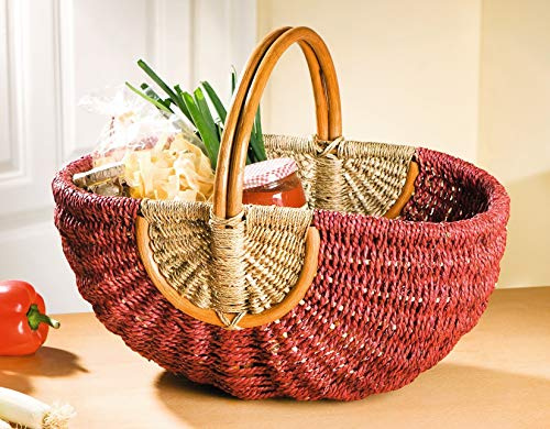 Dekoleidenschaft Einkaufskorb Mix aus Seegras & Rattan geflochten, rot/natur, Flechtkorb, Autokorb, Tragekorb, Rattankorb, Picknickkorb