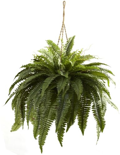 Nearly Natural Giant Boston Fern 36 in Wide Artificial Hanging Plant with Basket - Faux Greenery for Indoor Home Office Bedroom Decor, Realistic Leaves