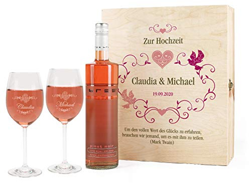 Herz & Heim® Edles Hochzeitsgeschenk, Weinset mit BREE Rosé Wein, Leonardo Weingläsern u. persönlicher Gravur