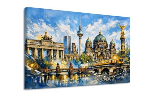 Leinwandbilder - Berlin Wandbild Leinwand Moderne Skyline Poster XXL Fernsehturm, Brandenburger Tor & Berliner Dom – Abstrakte Stadt Bilder Wohnzimmer Deko Modern, Schlafzimmer Büro 100x70 cm