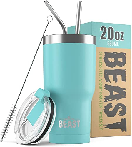 Greens Steel Beast Tumbler – 550 ml (20 oz), Azul Aguamarina | Vaso de acero inoxidable reutilizable con aislamiento al vacío | con 2 pajitas y cepillo de limpieza | Termo de viaje de doble pared