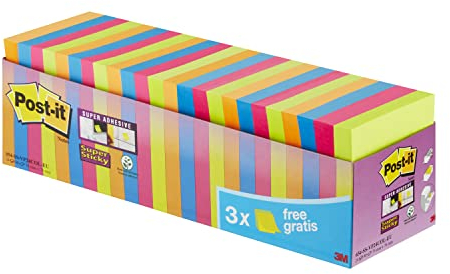 Post-it Super Sticky Notes, Packung mit 24 Blöcken, 90 Blatt pro Block, 76 mm x 76 mm, Farben: Grün, Pink, Blau, Orange - Extra-stark klebende Notizzettel für Notizen, To-Do-Listen und Erinnerungen