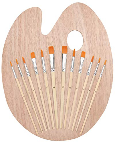 Kurtzy Set Pinceau Peinture et Palette en Bois (12 Pinceaux) Palette de Peintre Ovale - Peinture Acrylique, Huile et Aquarelle - pour Toile, Céramique, Argile, Bois et Modèles