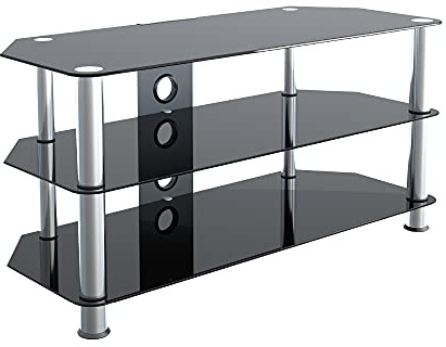 MAHARA TV Stand Black Glass 100cm Wide with Shelves and Cable Management, Suitable for up to 50 TVs (Max 45kg)