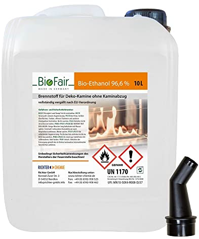 10 Liter Bioethanol 96,6% im Kanister in geprüfter Premium Qualität für Bioethanol-Kamin, Ethanol Tischkamin, Wandkamin - geruchs- und rückstandslose Verbrennung