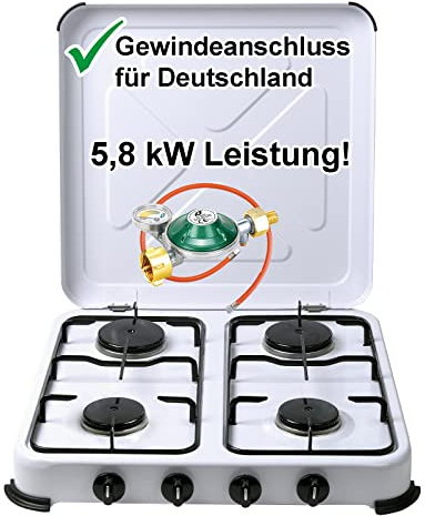 Bluecraft Campingkocher 4 flammig 5,8kW mit Schlauch, Regler & Manometer