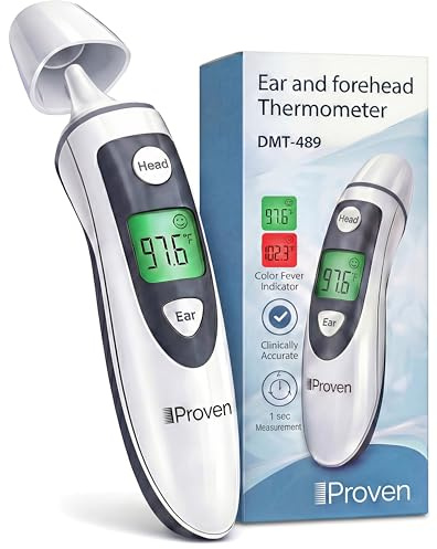 iProven Digital Thermometer for Adults Kids and Baby - Ear and Forehead 2-in-1, 1 Second Reading, Fever Alarm with Color Indicator, 20 Memory Recall - Medical Infrared Thermometer For The Whole Family