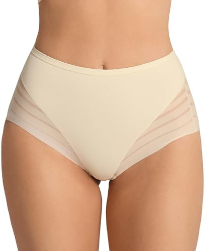 Leonisa High Waisted Invisible Tummy Control Shapewear for Women - Stripe Lace Ladies Underwear Panties Off-white