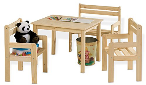 Home4You Kindersitzgruppe 4-teilig - mit Kindertisch, Sitzbank & 2 Stühlen - Braun - Kiefernholz Massiv - Sitzgruppe Kindertischgruppe Holzsitzgruppe
