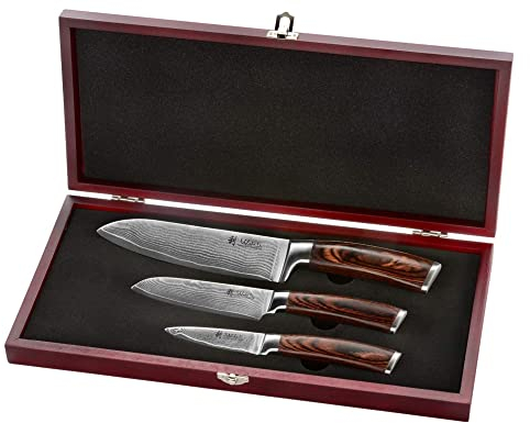 Wakoli EDIB 3-teiliges Küchenmesser Set aus echtem Damaststahl (VG10 Kern) in Geschenkbox aus Holz – Scharf & ergonomisch – Damastmesser Set mit Pakkaholzgriffen