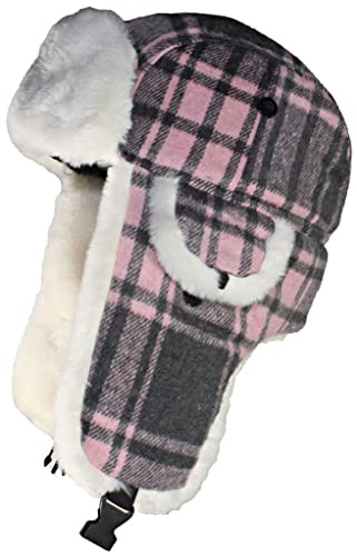 Best Winter Hats Big Kids Quality Madras Plaid Russian/Trapper Hat W/Faux Fur - Pink