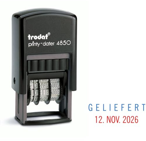 Trodat Printy Dater 4850 Datumstempel mit 2farbigem Kissen blau/rot + Wunschtext, Stempeltext:G E L I E F E R T