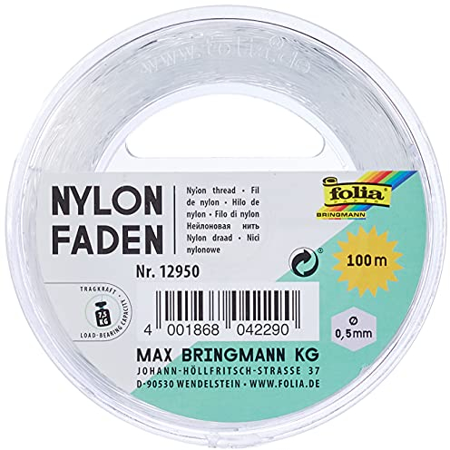 folia 12950 - filo di nylon su bobina, trasparente, ca. 0,5 mm x 100 m, capacità di carico 7,5 kg, filo quasi invisibile ottimale per mobili, gioielli, decorazioni